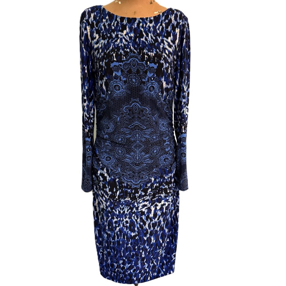 David Meister Blue Long Sleeve Dress 10 Navy Blue Boat Neck Stretch Bodycon